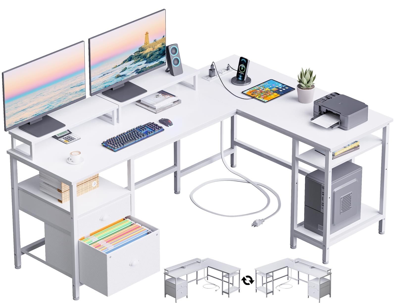 New White L-Shaped Computer Gaming Desk 