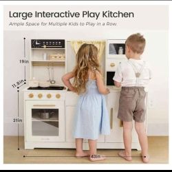 Kitchen for Kids, Toy Kitchen Set with Plenty of Play Features, New Modern Kids Wooden Play Kitchen Designed in Trendy Home Style with Curtains, Gift 