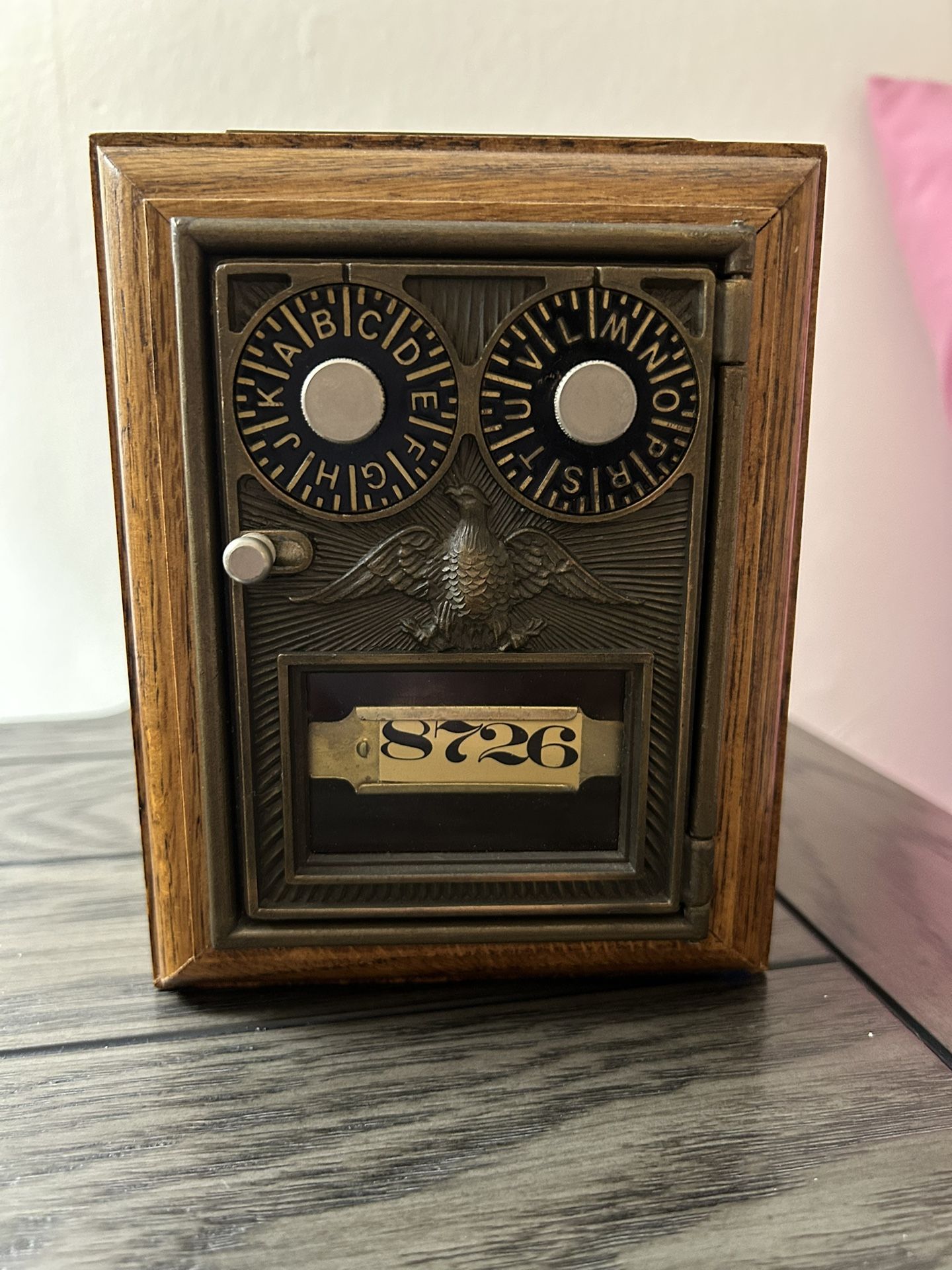 Vintage Jolly Good Industries Wooden Post Office Lockbox Coin Safe Bank #8726