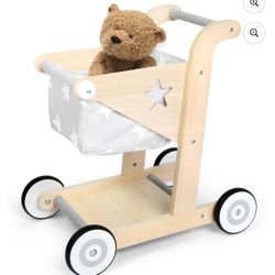 Little Hollow Company 2 in 1 Baby Push Walker and Wooden Doll Stroller - Wood Shopping Cart for Toddlers Learning to Walk - Walker Toy for Girls and B