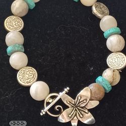 Vtg.sterling Silver Agate Balls & Turquoise Flower Toggle Bracelet- 8.10 In.