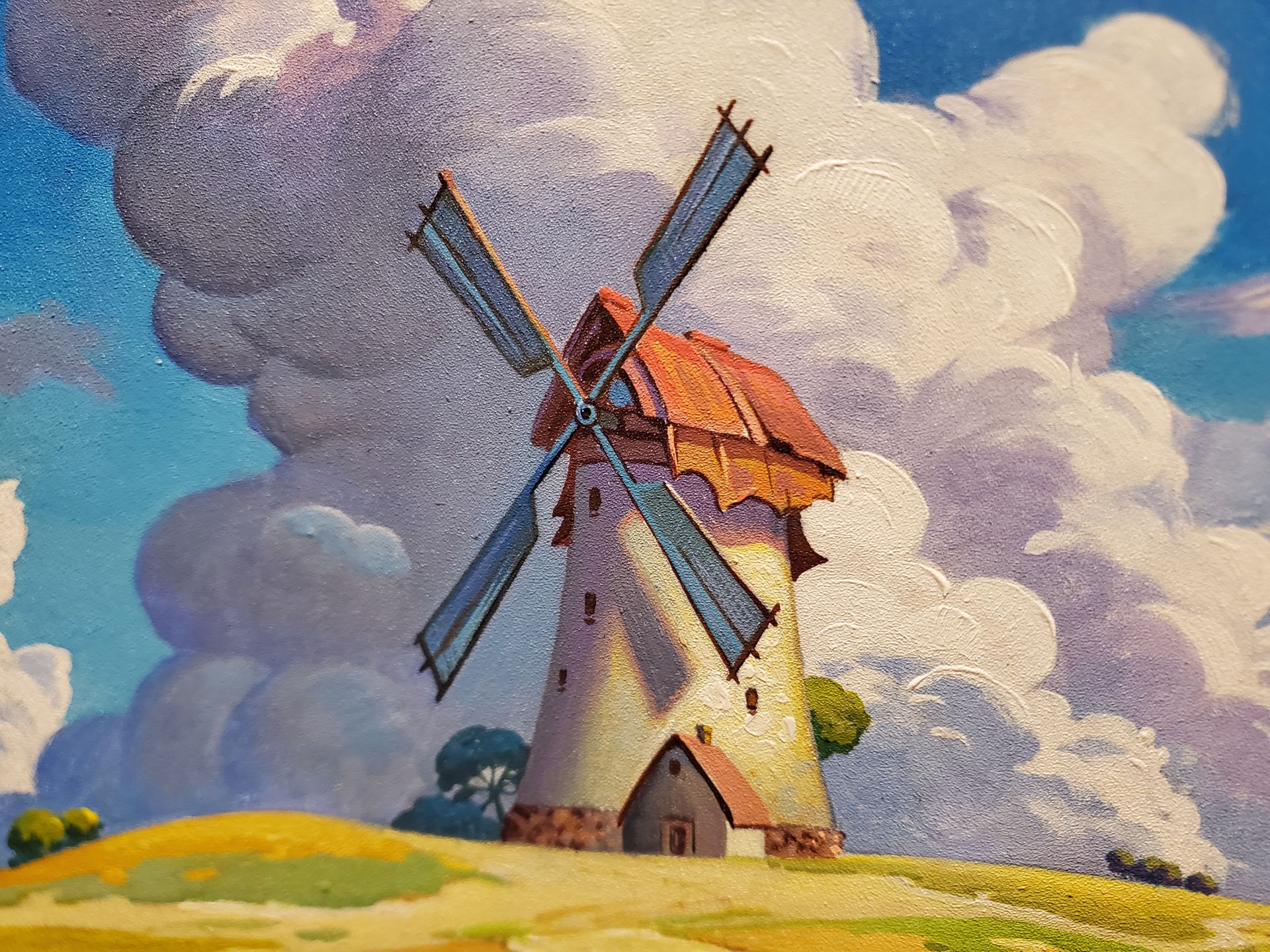 Original Acrylic Painting. Miyazaki anime style. Windmill, Clouds, Warm Golden Field