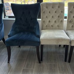 2 Blue End Chairs And 6 Beige Dining Chairs 