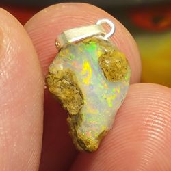 Handmade Ethiopian Fire Opal Rough Untreated Crystal Pendant Solid Sterling Silver Bail