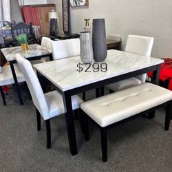Stunning🥳🥳 5-pc Dining Table Set With Bench Faux Marble Table Top