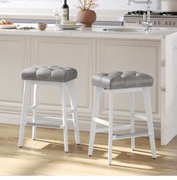 VASAGLE Bar Stools Set of 2, Saddle Counter Height Bar Stools, 26-Inch Backless Kitchen Stools with Wood Legs, PU Leather Thickened Upholstered Barsto