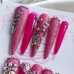 Handmade Pink Press-on Nails with Floral Embellishments