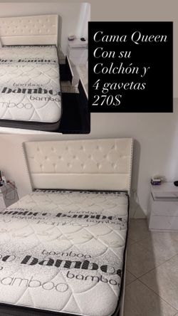 Cama queen con colchón tiene gavetas abajo