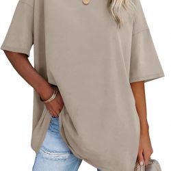 Ebifin Women's Oversized V-Neck T-Shirt Cotton Loose Fit Tunic Top, Khaki - NWT