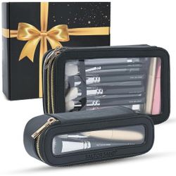 Clear Cosmetic Bag Set – TSA Approved 2‑in‑1 Travel Toiletry & Makeup Organizer, Waterproof Saffiano Leather, Brush Holder, GIFT READY BOX