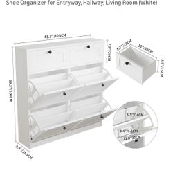 VOWNER White Shoe Cabinet 4 Flip Drawers 2 Top Drawers Storage Organizer 41.3" W