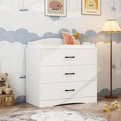 3 Drawer Nursery Dresser, Baby Dresser with Changing Topper, Small Dresser for Infant Diaper Storage, Changing Station for Nursery and Kids Bedroom, W