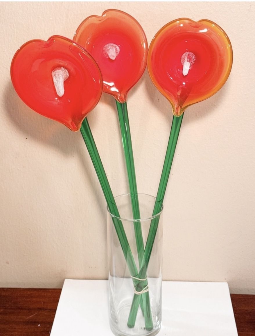 Vintage 1990s Mikasa Hand Blown Art Glass Long Stem Flower Red Calla Lily 19"  * set of three ** no chips, no cracks, excellent condition