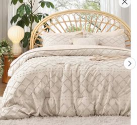 King Comforter Set - Beige Comforter, Boho Tufted Shabby Chic Bedding, 3 Pieces Vintage Farmhouse Bed Set for All Seasons, Fluffy Soft Bedding with 2