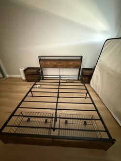Rustic Industrial Queen Bed Frame w/ Storage Drawers & 2 Nightstands