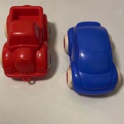 Vintage Viking Toys Sweden Red Plastic Pickup Truck And Blue Volkswagen Bug