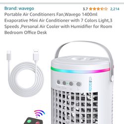 BRAND NEW IN BOX; portable air conditioner, 1400ml AC, 7 LED colors, 3 speeds, humidifier, remote