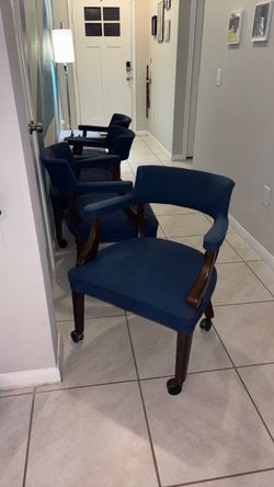 Blue Upholstered Arm Chair with Casters set of 6