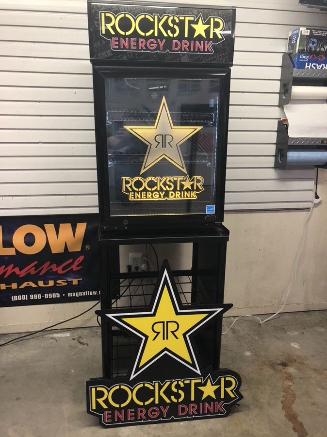 ROCKSTAR energy drink refrigerator with stand and sign