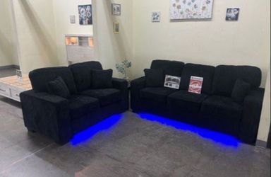 Modern 2-pc sofa set sofa and loveseat black chenille fabric material
