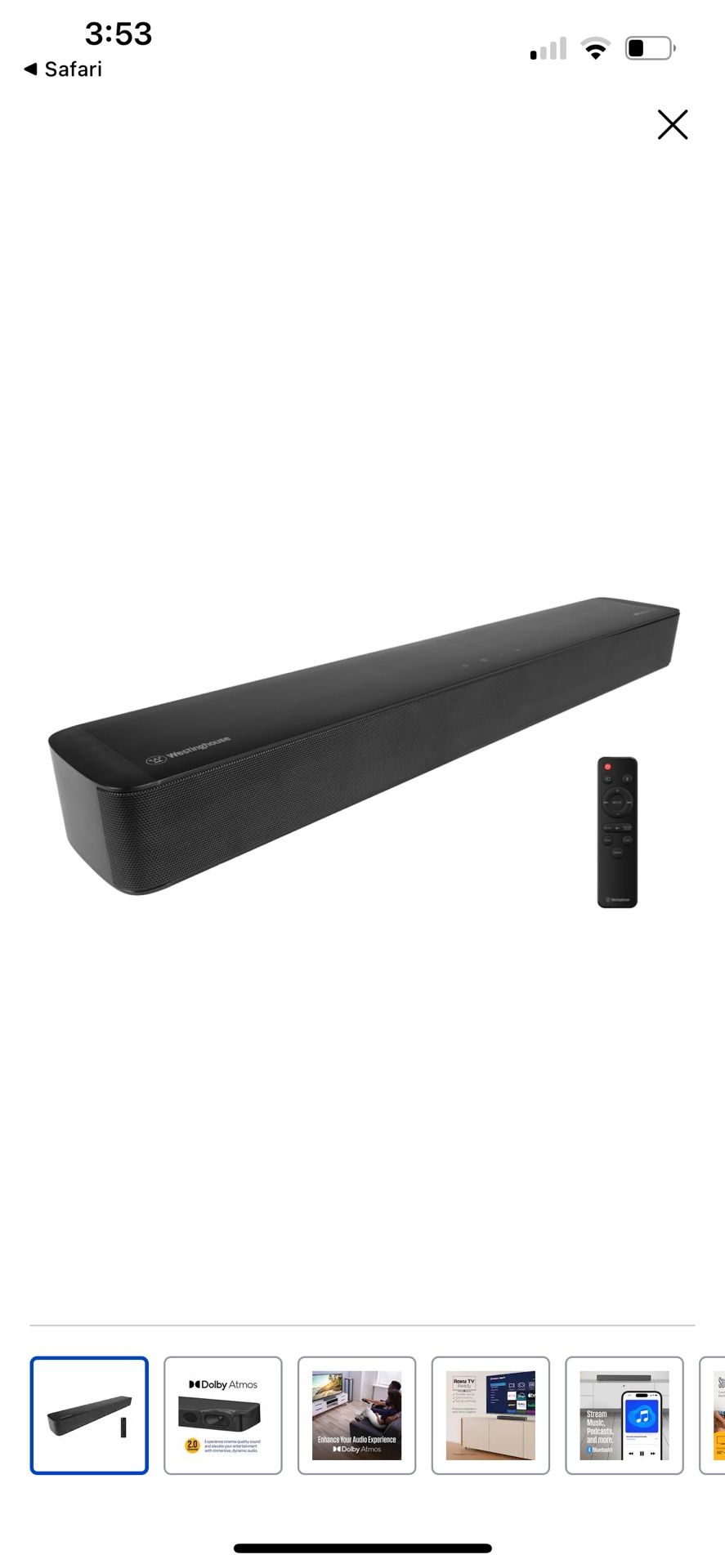 Westinghouse 2.0 Mini Sound Bar W/dolby Atmos Dolby Digital Plus Bluetooth Roku