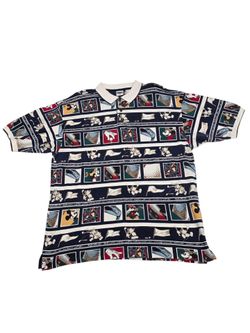 90s Disney Mickey Mouse Golfing Patterned Collar Polo Shirt Size XL