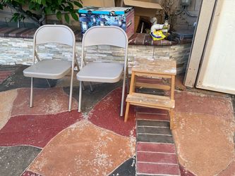 MOVING SALE TWO FOLDING CHAIRS AND ONE wood step stool GOOD CONDITION  $20 FOR ALL 3  PICK UP IN WESTMINSTER CITY  WESTMINSTER BLVD AND SPRING DALE