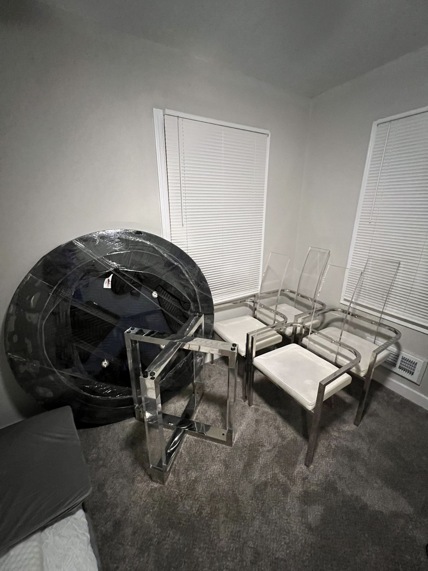 Round Glass Designer Dining Room Table and 4 Chairs