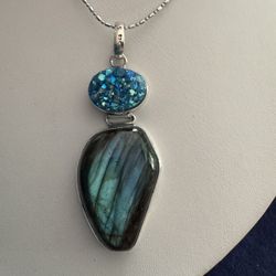 NEWER Large Labradorite Stone with Blue Druzy Quartz Stone Set in Sterling 