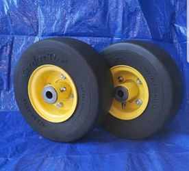 Pair of 9×3.50-4 Carefree Smooth tread FLAT PROOF Tires, Yellow JD Wheel