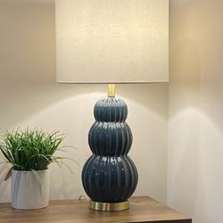 Modern Farmhouse Table Lamp With Dirty Blue Textured Ceramic Base And Matte Gold Accent H25.5"