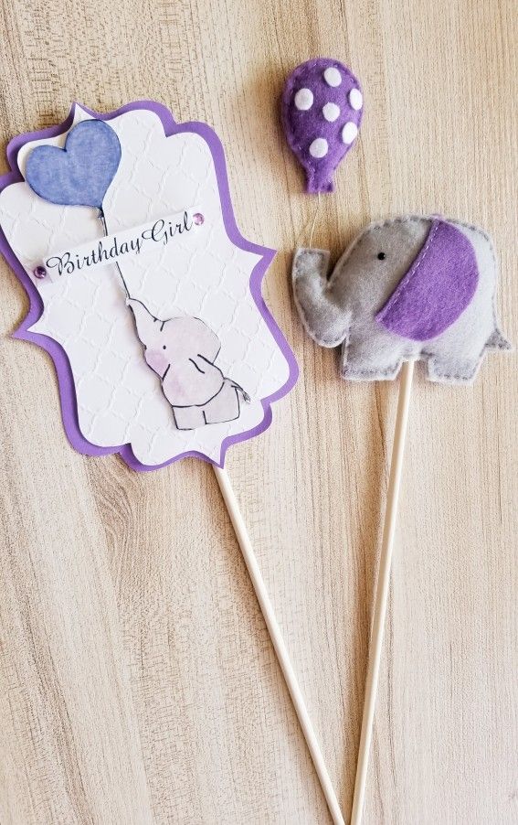 Purple Birthday Cake Toppers (Elephant Theme)