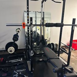 Complete home gym Power Rack w/Bench & Rogue Plates