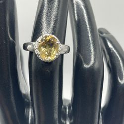 Solid 925 Sterling Silver Genuine Citrine Stone White Topaz Ring Size 6