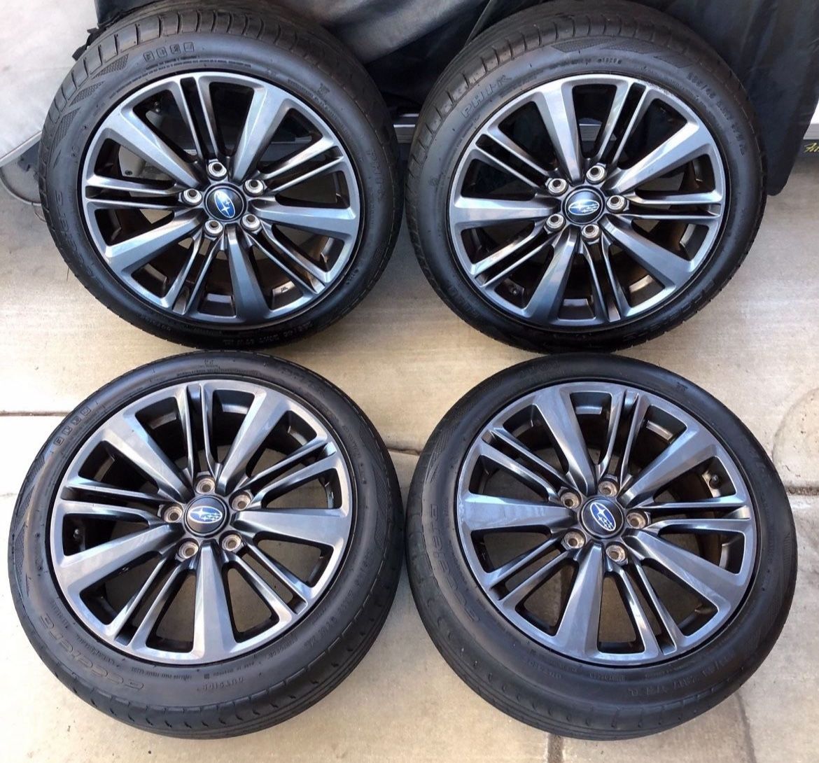 Set 4 Wheels Rims Tires SUBARU WRX 17" OEM ENKEI. Should fit WRX years 2015 to 2021 with 5X114.3 Bolt Pattern. Good Matching Tires 235/45ZR17!