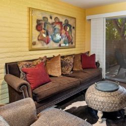 PILLOW BACK 74" SOFA COUCH FAUX SUEDE GOOSE DOWN PILLOWS AND CUSHIONS FROM FIESTA FURNISHINGS IN SCOTTSDALE