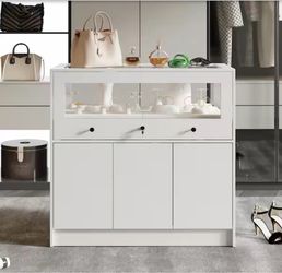 White 39.4 in. H Storage Cabine t Bedroom Dress er Armoire Island with Glass Top, Glass Side Lockable Draw er, Cabine t