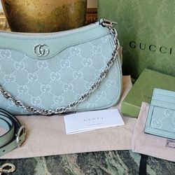 SET NWT GUCCI OPHIDIA SMALL GREEN DENIM SHOULDER BAG & CARD CASE