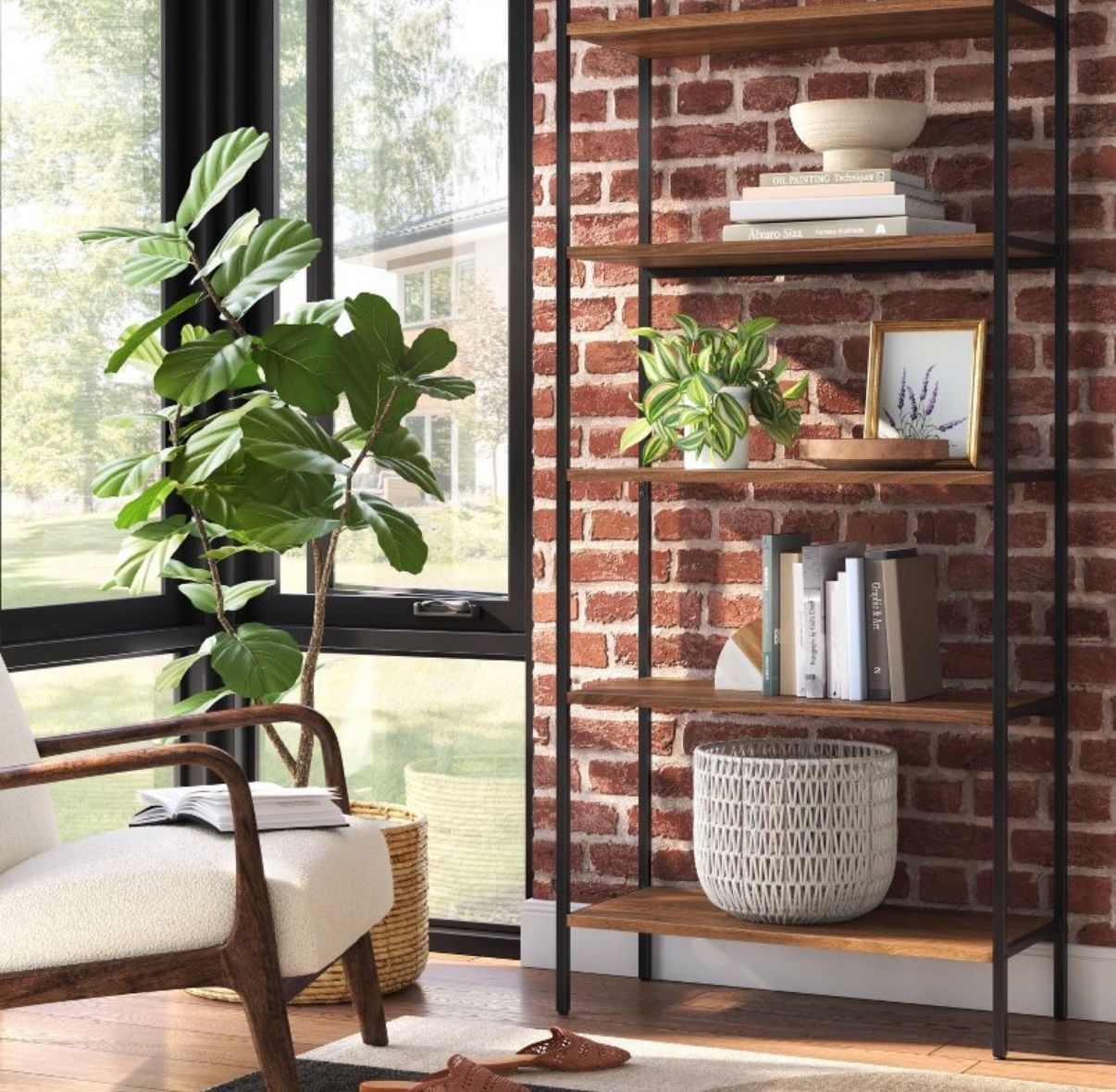 75” Loring Shelf Ladder Bookshelf – Walnut Finish (Threshold