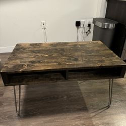 Rustic solid wood coffee table with hairpin legs