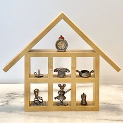 Miniature Doll House Metal Pewter Color Figures Rocking Chair, Expresso Coffee Maker, Dutch Pot, Mouse, Rotary Phone,Furniture Houseware Display Shelf