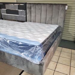 Queen Or Eastern King Gray Velvet Fabric Bed Frame 