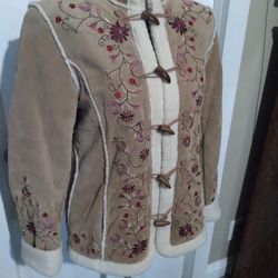 Embroidered Tan Suede Leather Coat