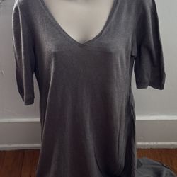Eileen Fisher Gray Linen and Silk V-neck Silk Lining Long Blouse Tunic, size S 