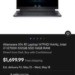 Alienware X14 R1 Laptop 14"FHD 144Hz, Intel 17-12700H 512GB SSD 16GB RAM