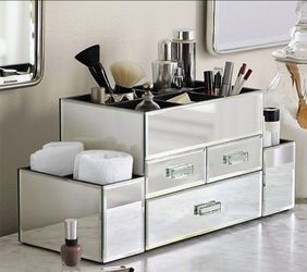 Pottery Barn Makeup Cosmetics Storage Organizer Tiered 3 Drawers Mirrored 20x9.5x8 Elegant Sophisticated Beauty