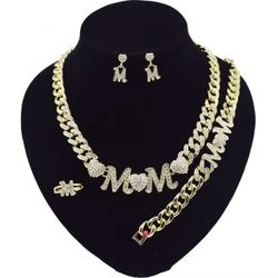 14K Gold Plated, Cuban Link Mom Jewelry Set, Necklace, Bracelet, Earrings, Ring