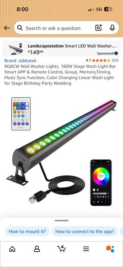 Brand: Jabbatek 4.1 ***** (32) RGBCW Wall Washer Lights, 180W Stage Wash Light Bar Smart APP & Remote Control, Group, Memory,Timing, Music Sync Functi