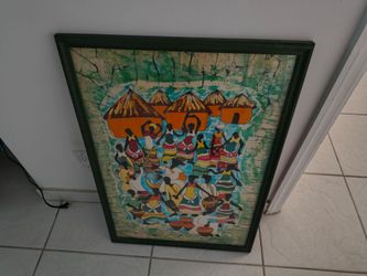 Framed African Village Batik Fabric Art