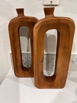 Pair of Mid-Century Modern Sculptural Wooden Vases - Minimalist Hollow Cutout